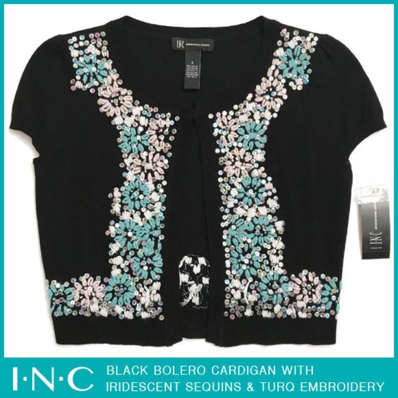 INC Black Bolero Cardigan With Iridescent Sequins & Turq/White Embroidery Size S - Picture 1 of 12